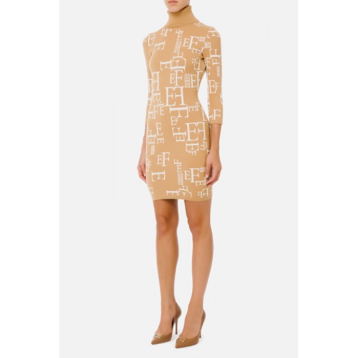 Elisabetta Franchi abito stampa lettering calce AM63Q16E2 cammello